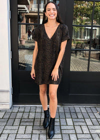Buddy Love Baker Snake Print Mini Dress-Olive-Hand In Pocket