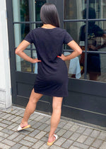 Bobi V Neck Cotton T-Shirt Dress - Black-Hand In Pocket