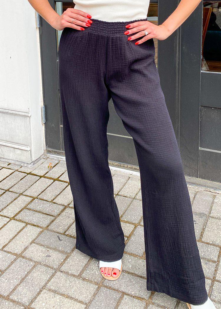 Bobi Smocked Waist Wide Leg Beach Pant - Black-Hand In Pocket