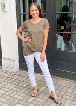 Bobi Short Sleeve "Tuck" Front Twist Front Tee-Troop-Hand In Pocket