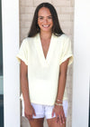 Karlie Cantaloupe Split V Neck Gauze Top- Lemonade-Hand In Pocket