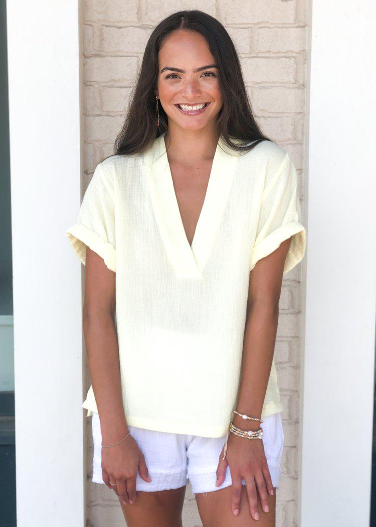 Karlie Cantaloupe Split V Neck Gauze Top- Lemonade-Hand In Pocket