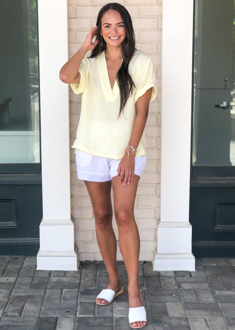 Karlie Cantaloupe Split V Neck Gauze Top- Lemonade-Hand In Pocket