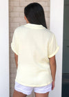 Karlie Cantaloupe Split V Neck Gauze Top- Lemonade-Hand In Pocket