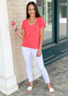 Bobi Basic Scoop-Neck Tee- Raspberry-Hand In Pocket