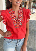 THML Arawak Flutter Sleeve Embroidered Top-Red-Hand In Pocket