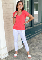 Bobi Basic Scoop-Neck Tee- Raspberry-Hand In Pocket