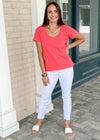 Bobi Basic Scoop-Neck Tee- Raspberry-Hand In Pocket