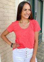 Bobi Basic Scoop-Neck Tee- Raspberry-Hand In Pocket