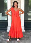 THML Celia One Shoulder Ruffle Maxi Dress-Coral-Hand In Pocket