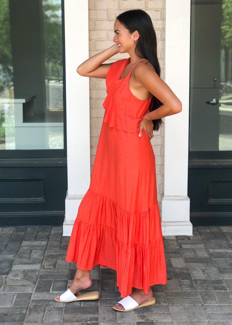 THML Celia One Shoulder Ruffle Maxi Dress-Coral-Hand In Pocket