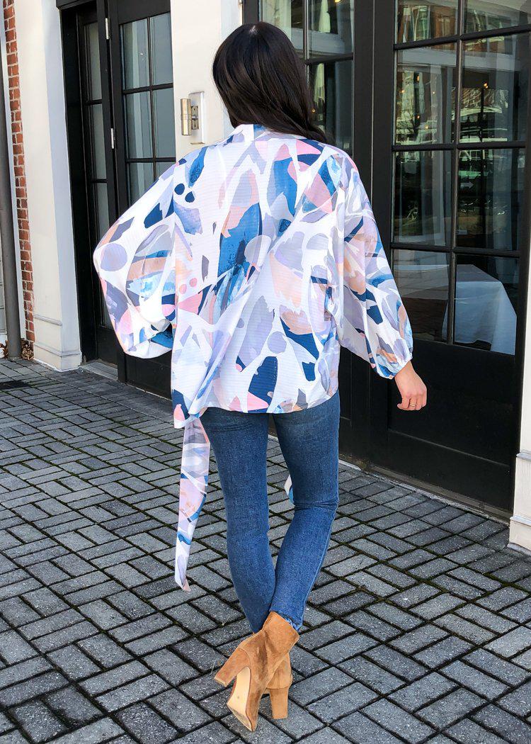 Watercolor Tie Front Kimono-Hand In Pocket