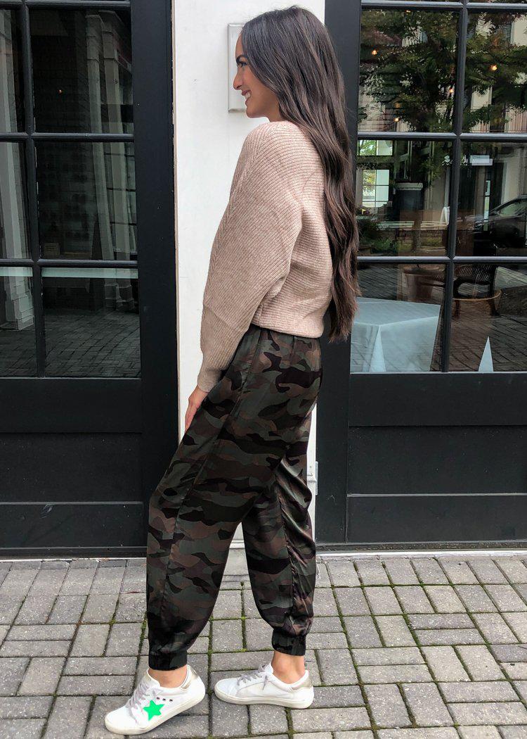 Modern Camo Satin Joggers-Hand In Pocket