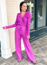 FRNCH Pomelo High Waist Ribbed Wide Leg Pant- Fuschia-Hand In Pocket