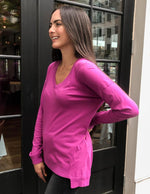 Bobi Essential Long Sleeve V Neck Tee-Iris-Hand In Pocket