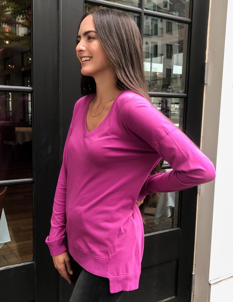 Bobi Essential Long Sleeve V Neck Tee-Iris-Hand In Pocket
