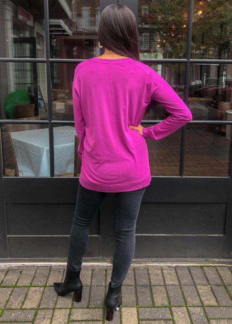 Bobi Essential Long Sleeve V Neck Tee-Iris-Hand In Pocket