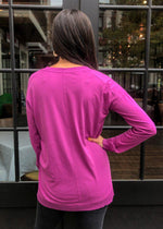 Bobi Essential Long Sleeve V Neck Tee-Iris-Hand In Pocket