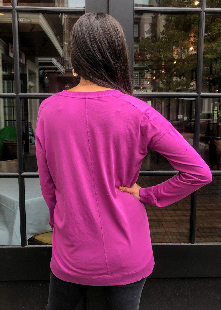 Bobi Essential Long Sleeve V Neck Tee-Iris-Hand In Pocket