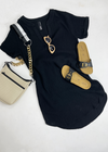 Bobi Split V Neck Short Sleeve Shirtdress - Black***FINAL SALE***-Hand In Pocket