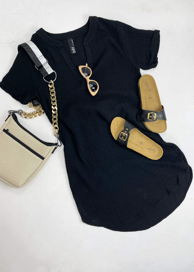 Bobi Split V Neck Short Sleeve Shirtdress - Black***FINAL SALE***-Hand In Pocket