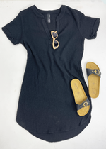 Bobi Split V Neck Short Sleeve Shirtdress - Black***FINAL SALE***-Hand In Pocket