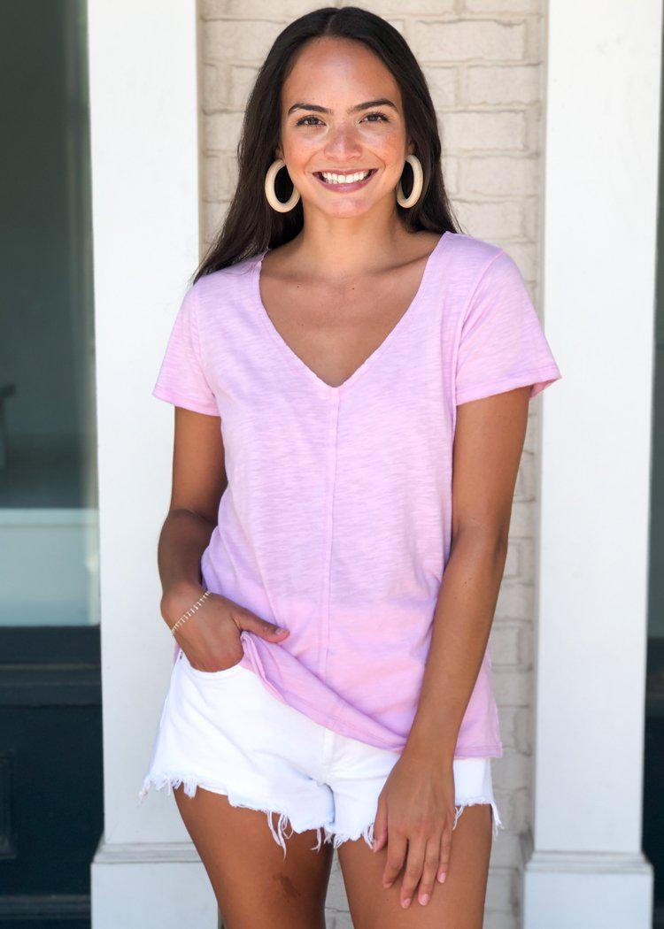 Z Supply Airy Slub V Neck Tee-Lavender-Hand In Pocket