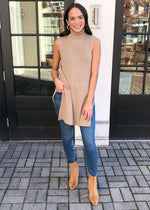 Velvet Heart Pearlie Sleeveless Side Slit Turtleneck Sweater-Hand In Pocket