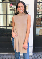 Velvet Heart Pearlie Sleeveless Side Slit Turtleneck Sweater-Hand In Pocket