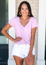 Z Supply Airy Slub V Neck Tee-Lavender-Hand In Pocket