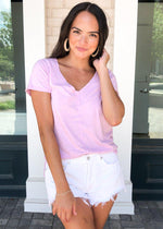 Z Supply Airy Slub V Neck Tee-Lavender-Hand In Pocket