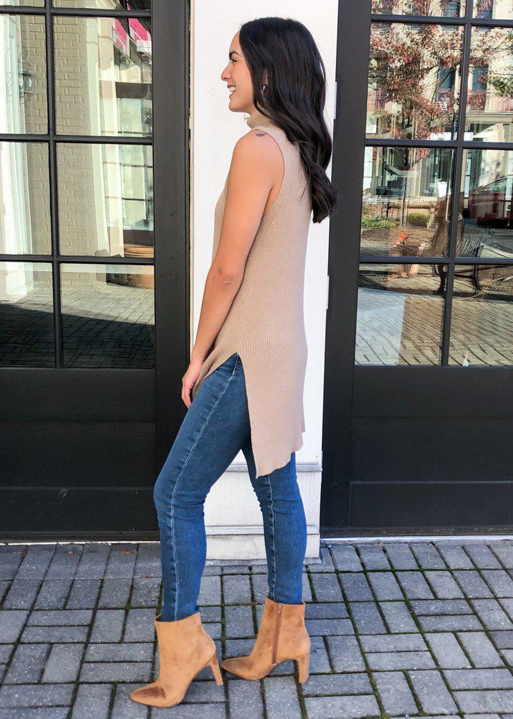 Velvet Heart Pearlie Sleeveless Side Slit Turtleneck Sweater-Hand In Pocket