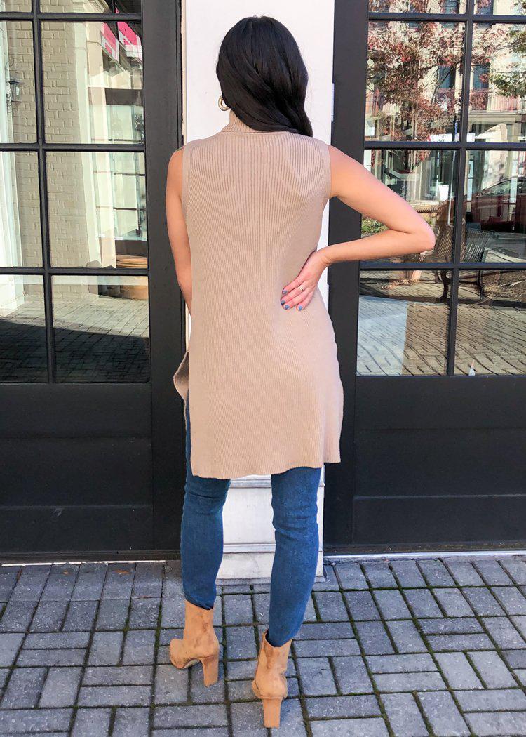 Velvet Heart Pearlie Sleeveless Side Slit Turtleneck Sweater-Hand In Pocket