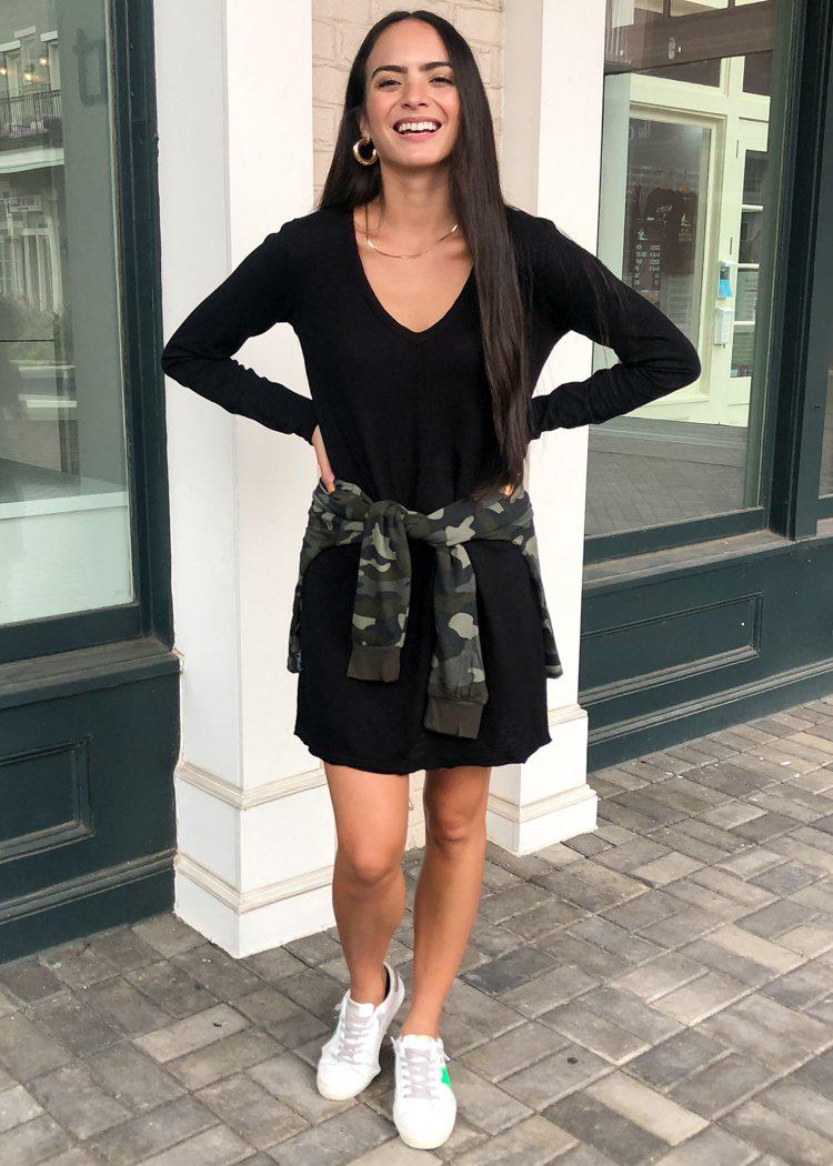 Bobi One and Only V Neck T-Shirt Dress - Black-Hand In Pocket