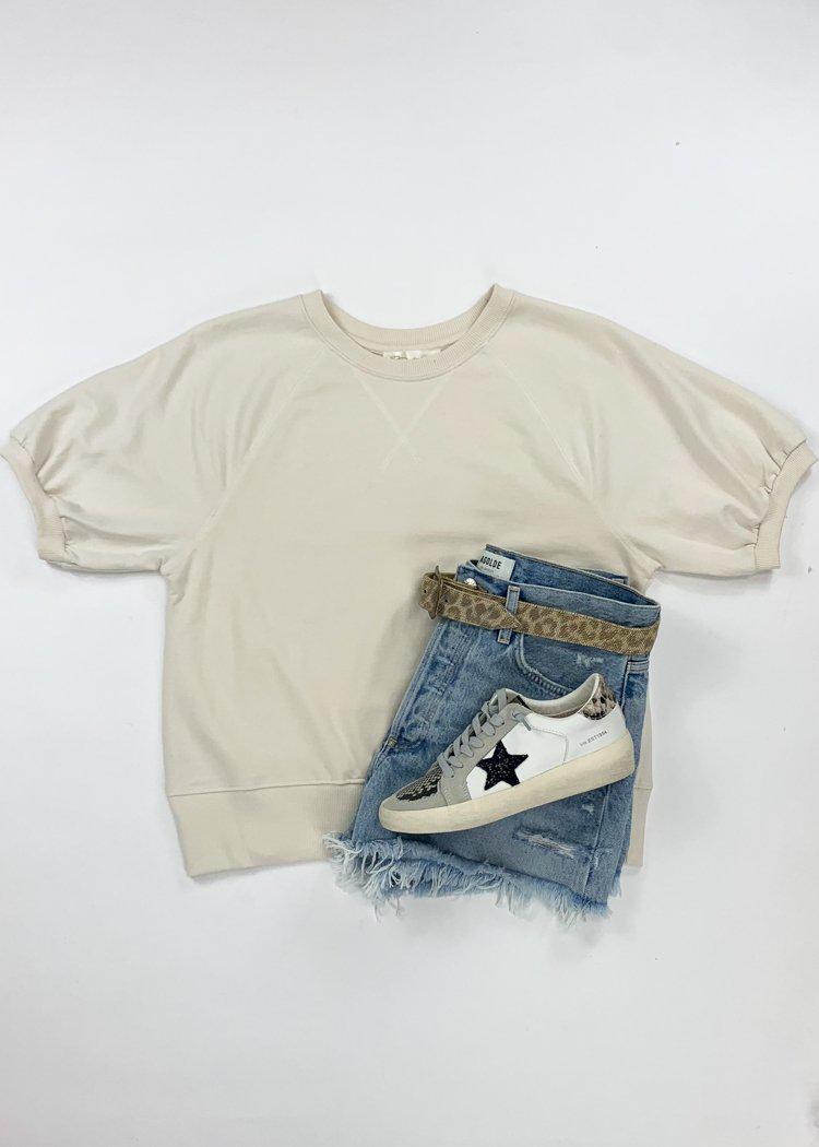 RD Style Crew Neck Puff Sleeve Pullover - Almond Milk-Hand In Pocket