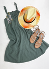Bobi Spaghetti Strap Gauzy Tiered Cami Dress - Dark Sage-***FINAL SALE***-Hand In Pocket