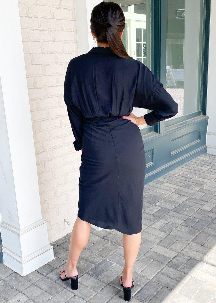 Antonia Long Sleeve Ruched Tie Waist Shirtdress-Black-Hand In Pocket