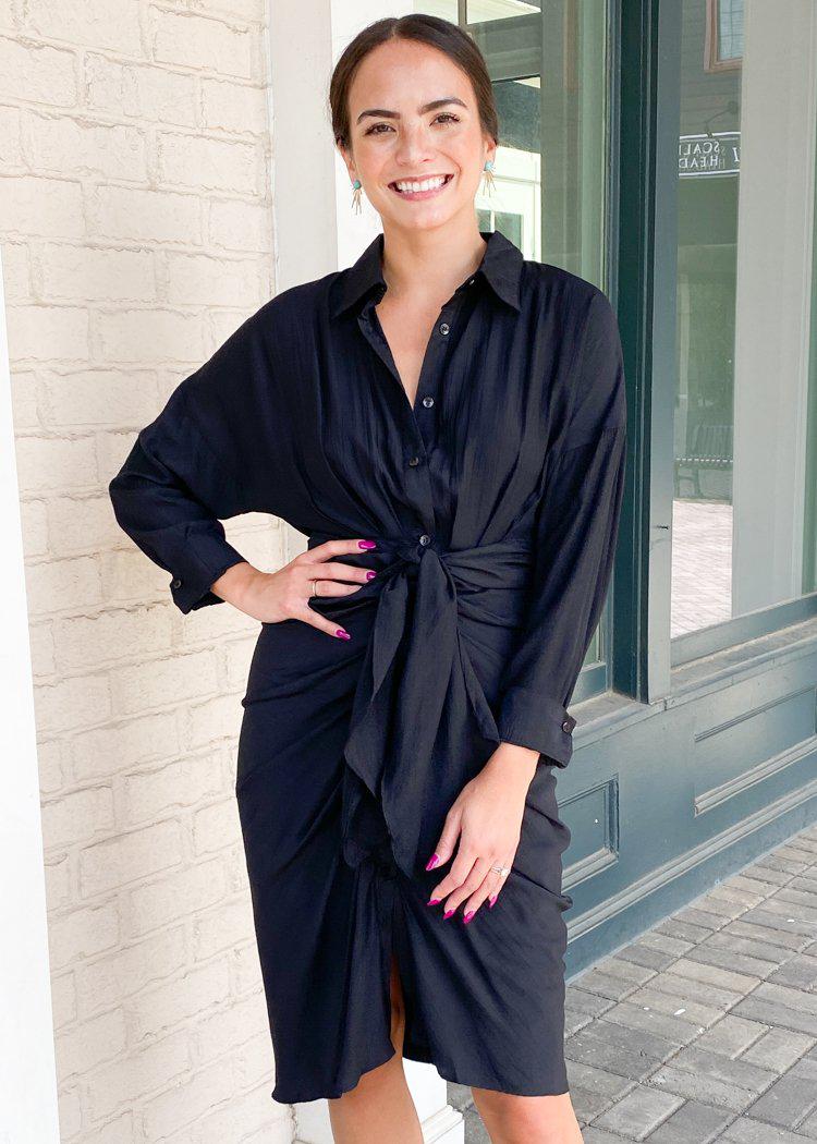Antonia Long Sleeve Ruched Tie Waist Shirtdress-Black-Hand In Pocket