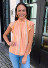 THML Freeport Striped Flutter Sleeve Embroidered Top-Pink-Hand In Pocket