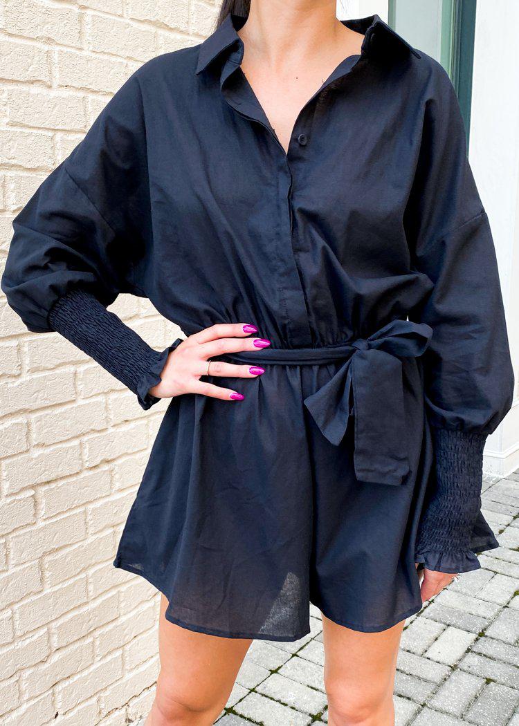 Eva Dolman Sleeve Tie Waist Romper-Black-***FINAL SALE***-Hand In Pocket