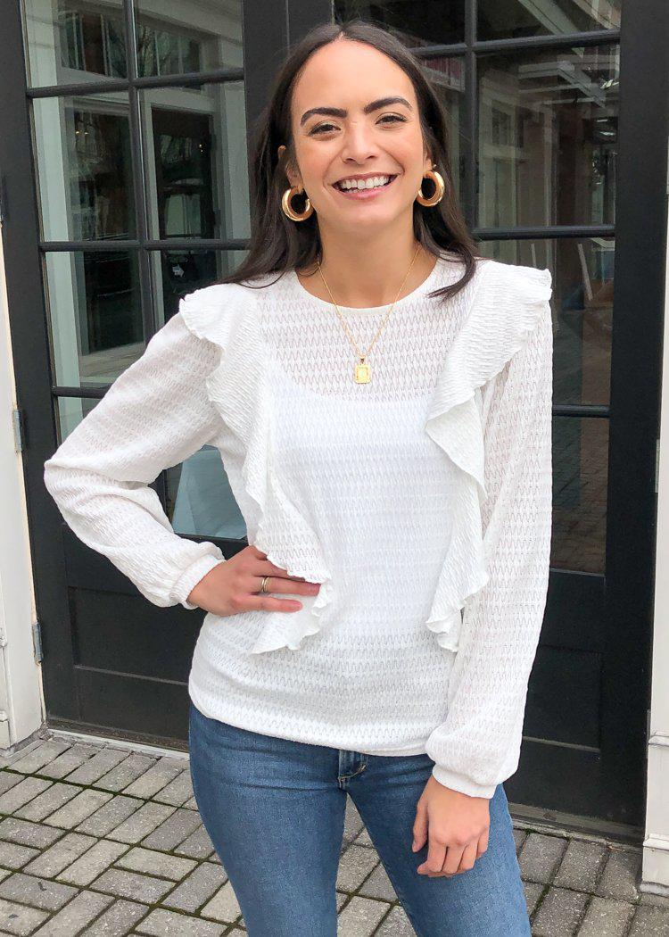 Velvet Heart Helsa Ruffle Detail Long Sleeve Knit Top - White-Hand In Pocket