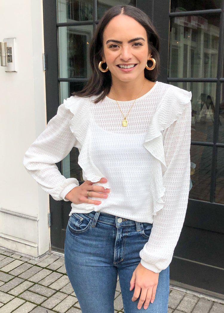 Velvet Heart Helsa Ruffle Detail Long Sleeve Knit Top - White-Hand In Pocket