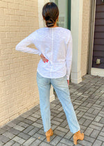 Bobi Long Sleeve V Neck Center Seam Tee-White-Hand In Pocket