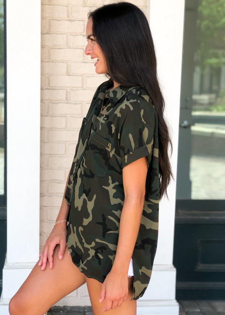 Bwindi Button Front Short Sleeve Shirt - Camo-Hand In Pocket