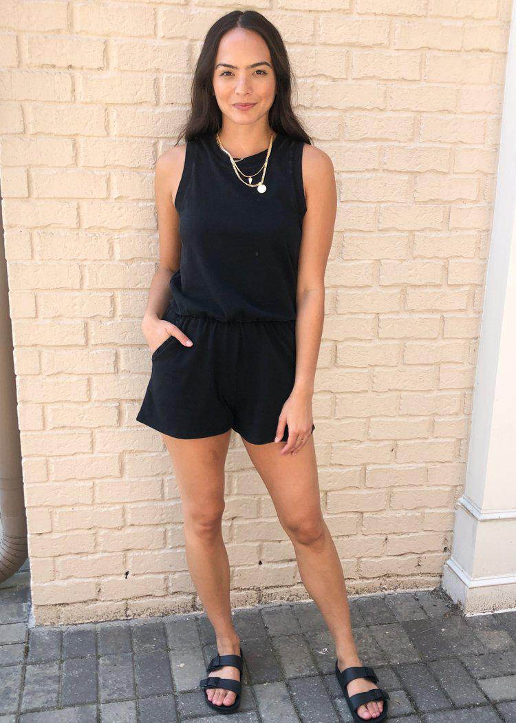 Z Supply Adira Cotton Romper-Black-Hand In Pocket