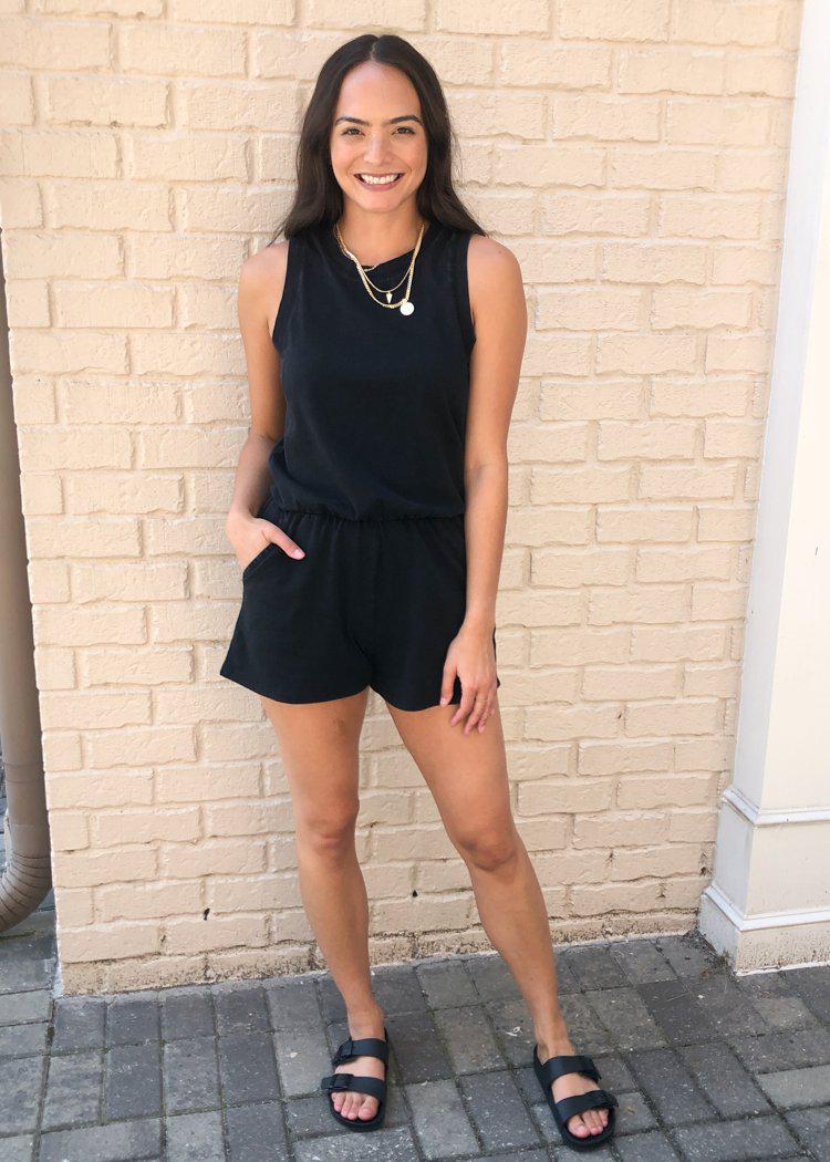 Z Supply Adira Cotton Romper-Black-Hand In Pocket