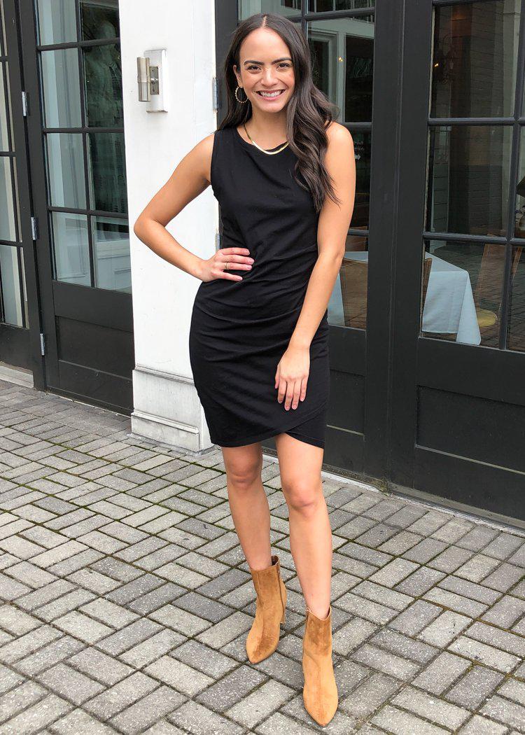 Bobi Sleeveless Ruched Dress -Black-Hand In Pocket