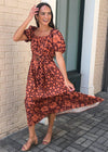 Sangria Tiered Puff Sleeve Maxi Dress-Hand In Pocket