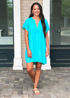 Bobi Short Sleeve Split Neck Shirtdress - Turquoise-Hand In Pocket
