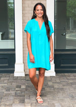 Bobi Short Sleeve Split Neck Shirtdress - Turquoise-Hand In Pocket